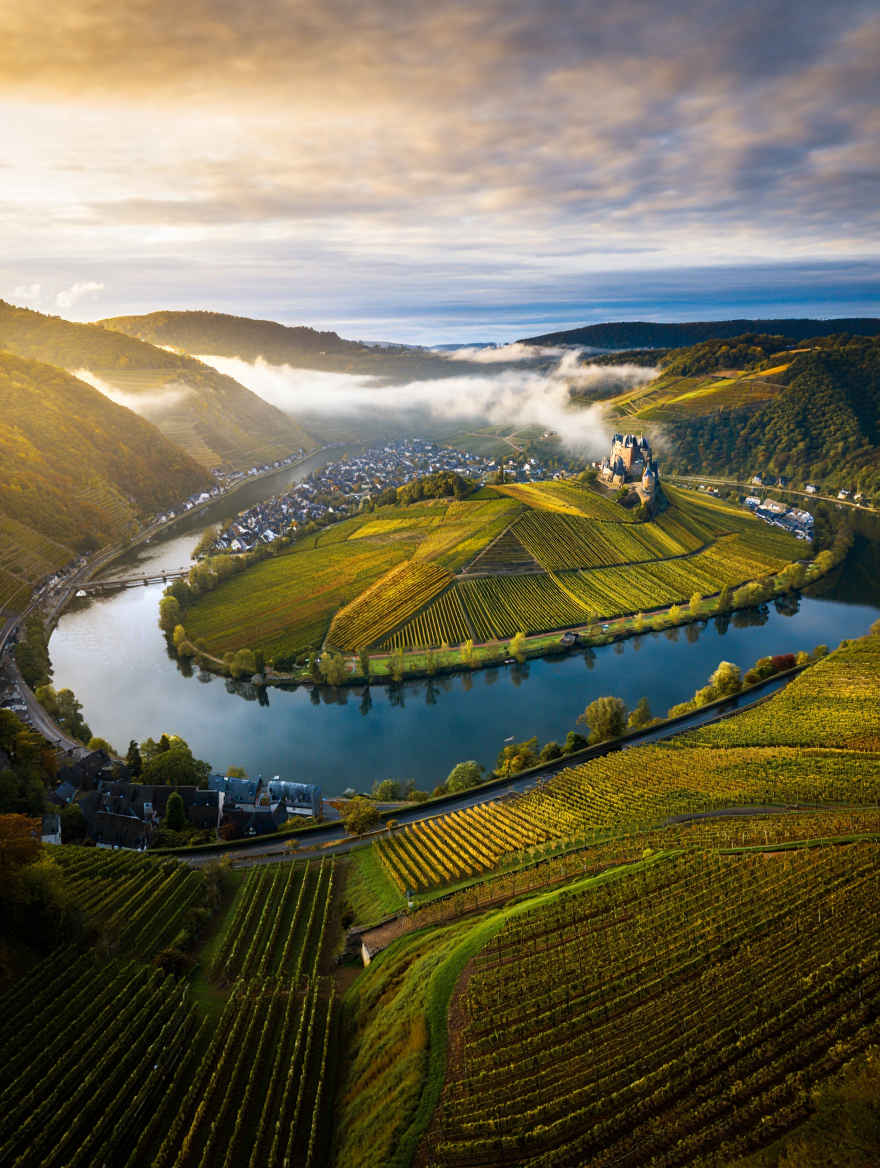 Das Moseltal mit Weinbergen, mittelalterlichen Burgen und dem Fluss bei morgendlichem Nebel