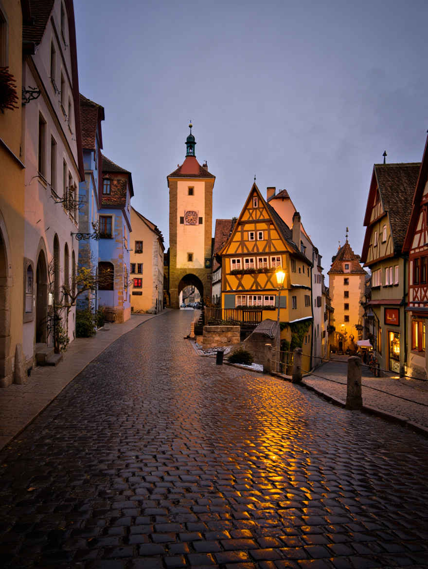 Malerisches mittelalterliches Rothenburg ob der Tauber mit Stadtmauer und Türmen bei Sonnenuntergang